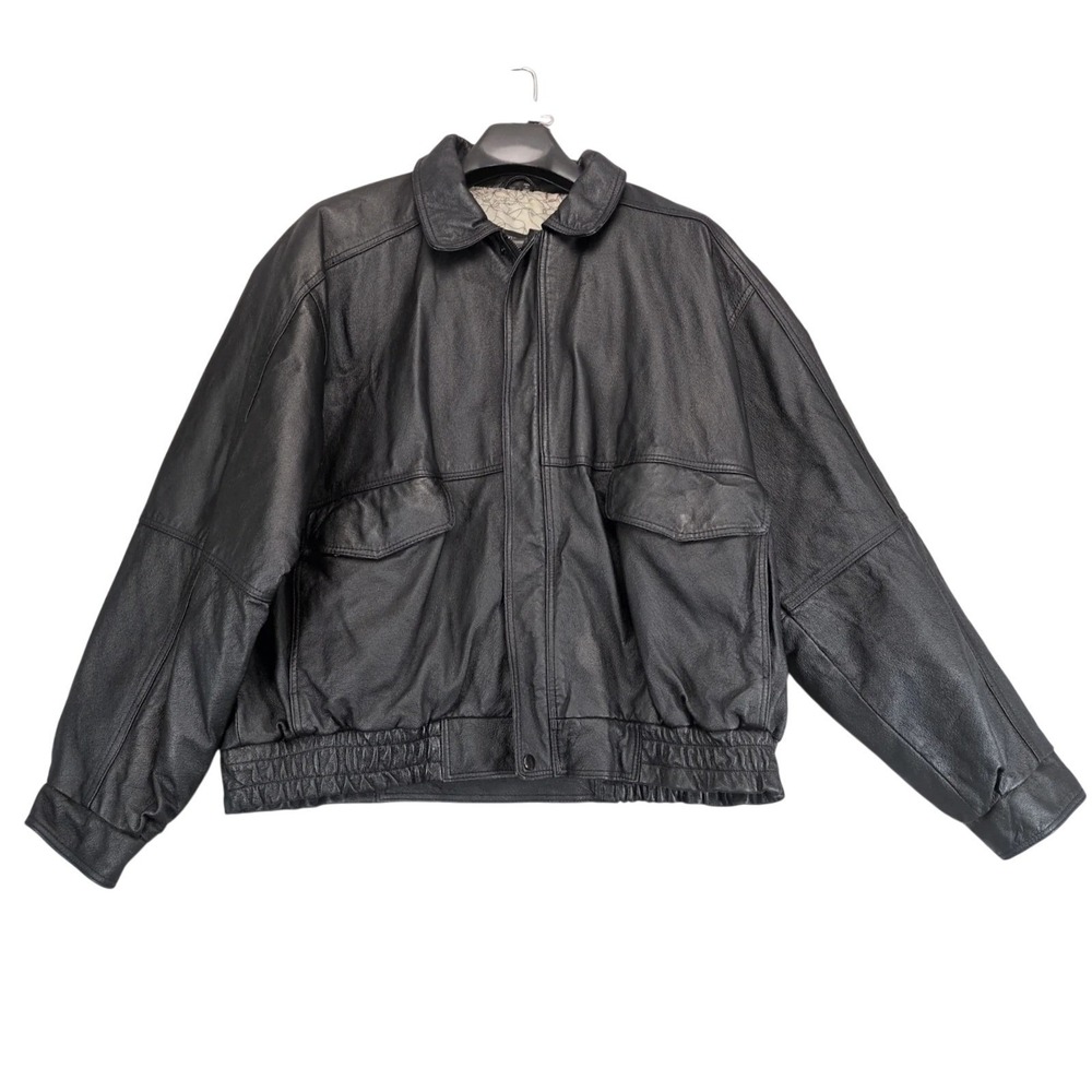 Vintage Burk's Bay Black Leather Bomber Jacket Mens 2XL Insulated Zip Y2K‎ Biker